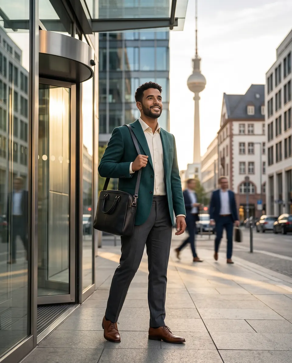 Jeune professionnel marocain souriant dans une rue de Berlin.
