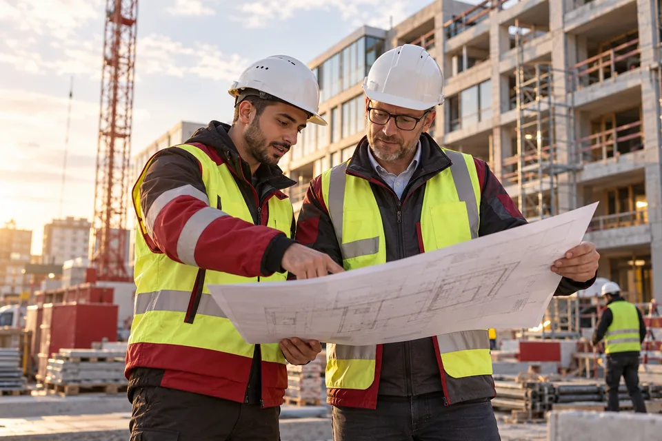 Illustration : ingénieur et technicien portant leurs équipements de sécurité sur un chantier moderne en Allemagne