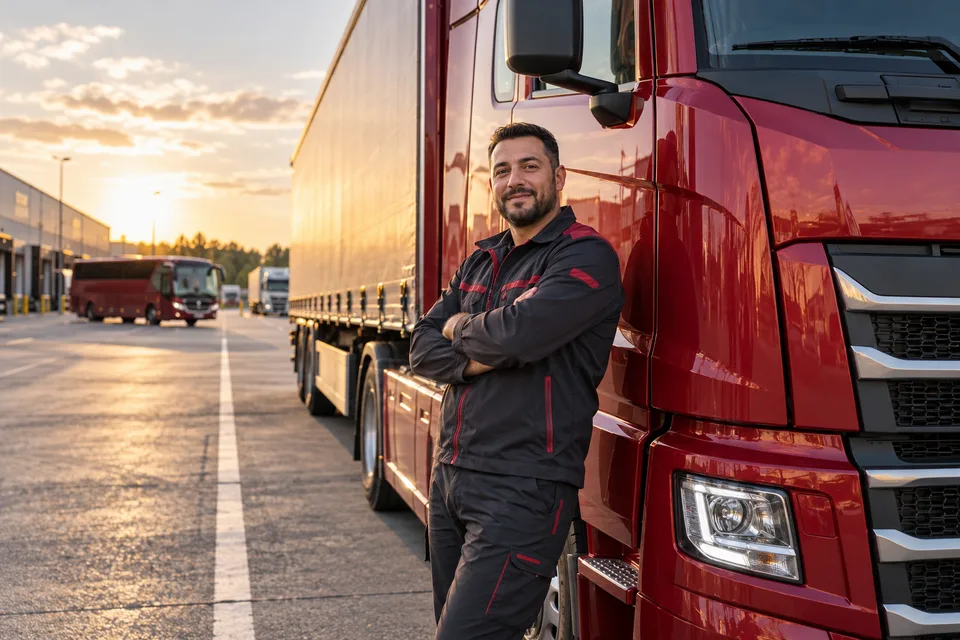 Illustration : conducteur professionnel et camion moderne dans un dépôt logistique en Allemagne