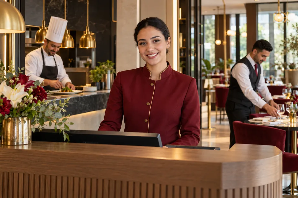 Illustration : réceptionniste et équipe de restauration dans un hôtel contemporain en Allemagne