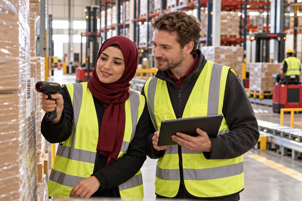 Illustration : équipe logistique avec scanner et palettes dans un entrepôt moderne en Allemagne