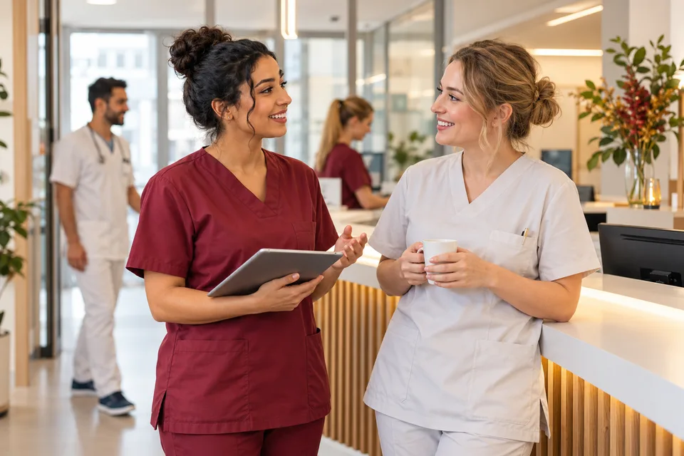 Illustration : professionnels infirmiers dans un environnement clinique moderne en Allemagne, sans scène de soins